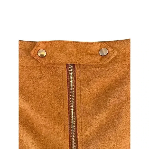 Gianni Bini Faux Suede Camel Tan Zip Snap Flat Front Mini Skirt Size Medium Fall - Picture 5 of 7
